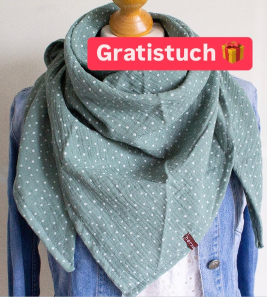 GRATIS-Tuch: Ab 90,-€ Bestellwert zu deiner Bestellung geschenkt - Dreieckstuch aus Musselin - Dots altgrün (Bitte dafür diesen Artikel zum Warenkorb hinzufügen!)