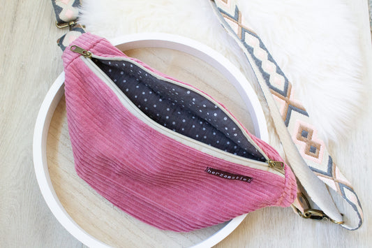 Bauchtasche rosé aus weichem Cord und Musselin