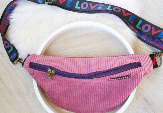Bauchtasche rosé LOVE aus weichem Cord und Musselin