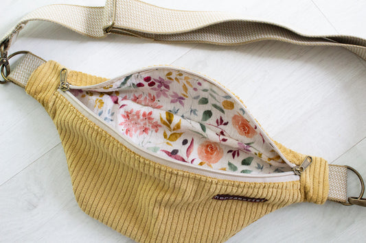 Bauchtasche senfgelb aus weichem Cord und Musselin