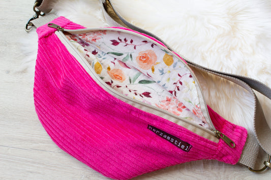 Bauchtasche pink aus weichem Cord und Musselin